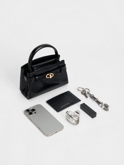 CHARLES & KEITH Discount / Aubrielle Croc-Effect Belted Top Handle Bag - Black