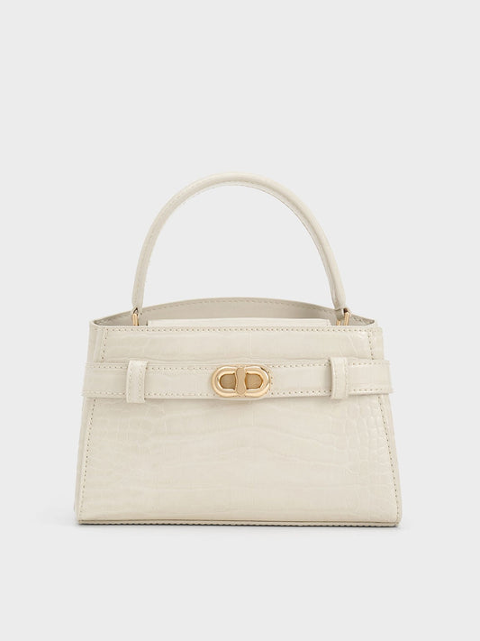 CHARLES & KEITH Great Value / Aubrielle Croc-Effect Belted Top Handle Bag - Ivory