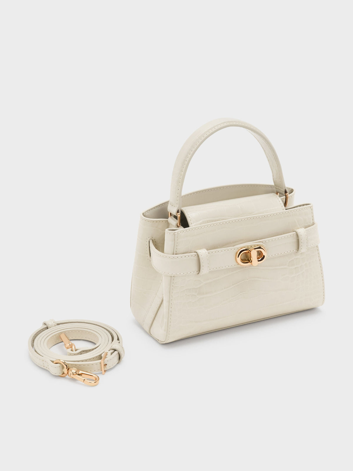 CHARLES & KEITH Great Value / Aubrielle Croc-Effect Belted Top Handle Bag - Ivory