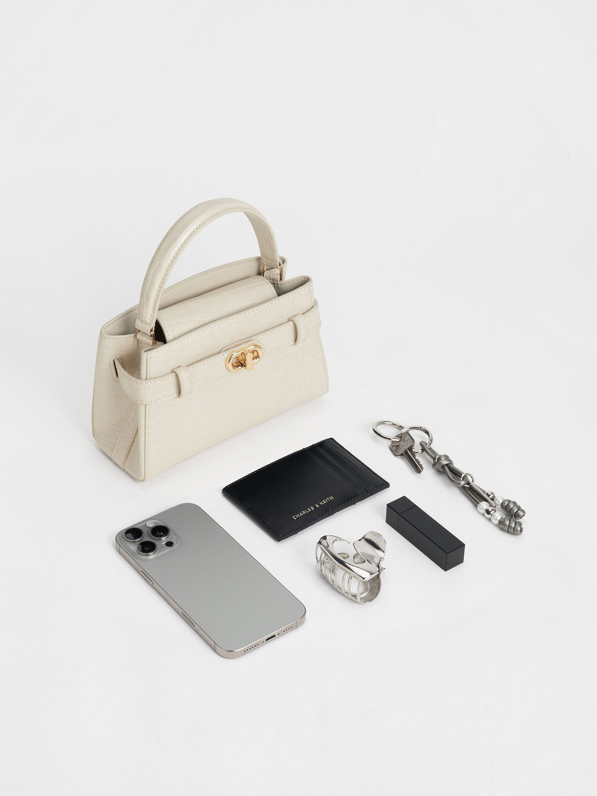 CHARLES & KEITH Great Value / Aubrielle Croc-Effect Belted Top Handle Bag - Ivory