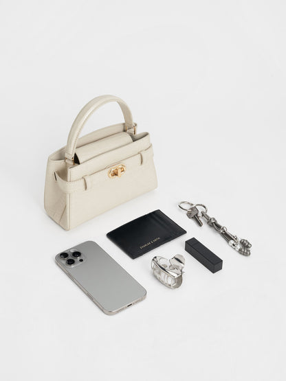 CHARLES & KEITH Great Value / Aubrielle Croc-Effect Belted Top Handle Bag - Ivory