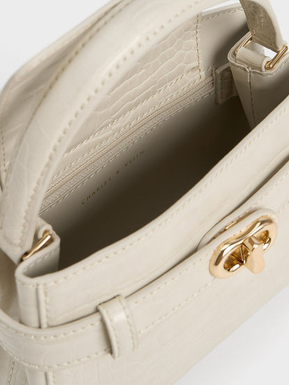 CHARLES & KEITH Great Value / Aubrielle Croc-Effect Belted Top Handle Bag - Ivory
