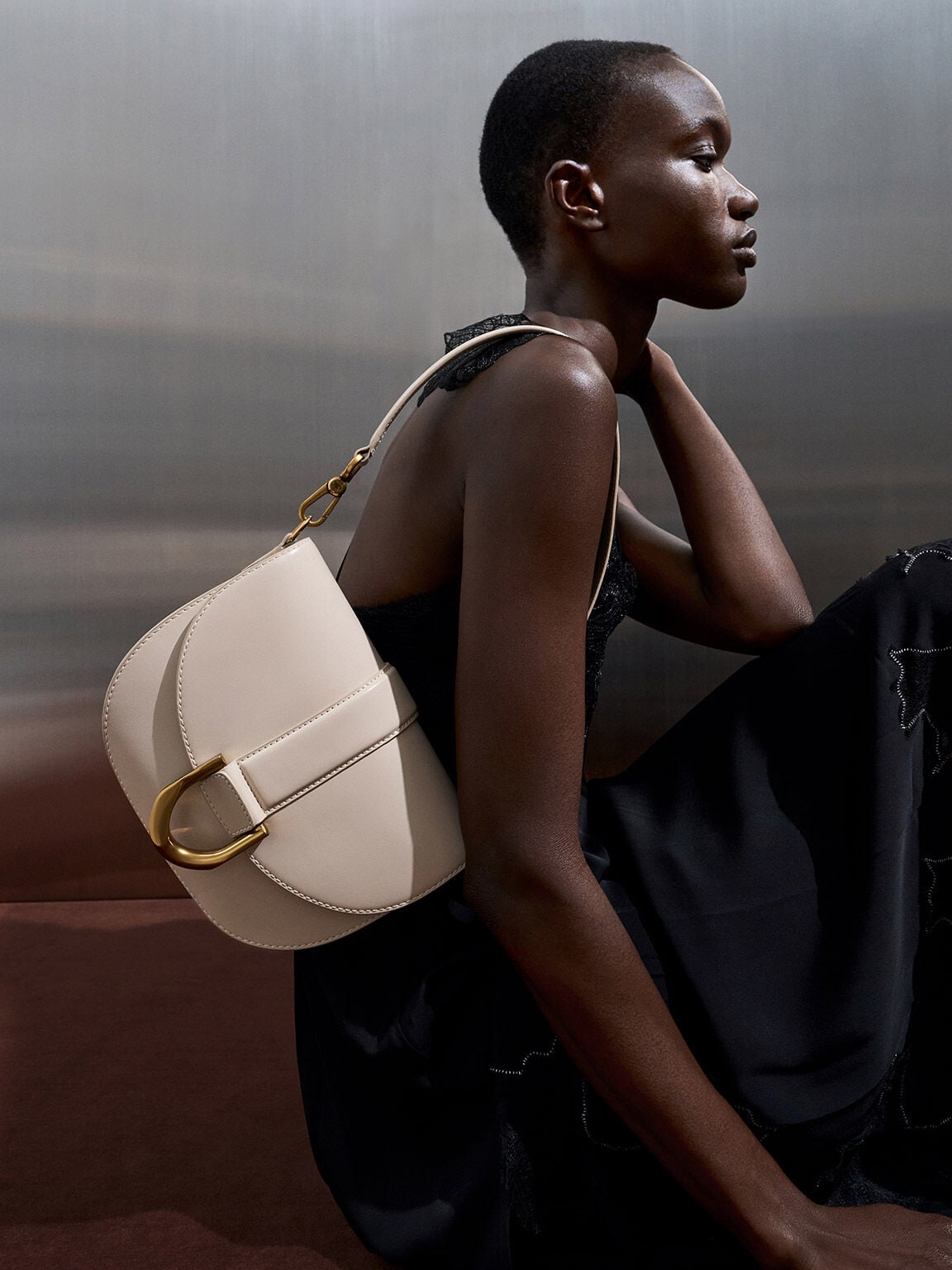 CHARLES & KEITH Deals / Gabine Leather Saddle Bag - Oat