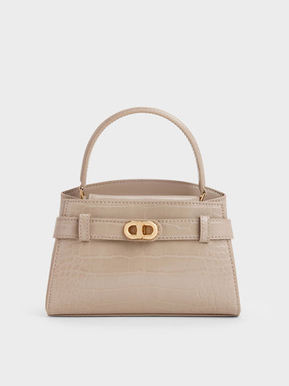 CHARLES & KEITH Sale / Aubrielle Croc-Effect Belted Top Handle Bag - Taupe