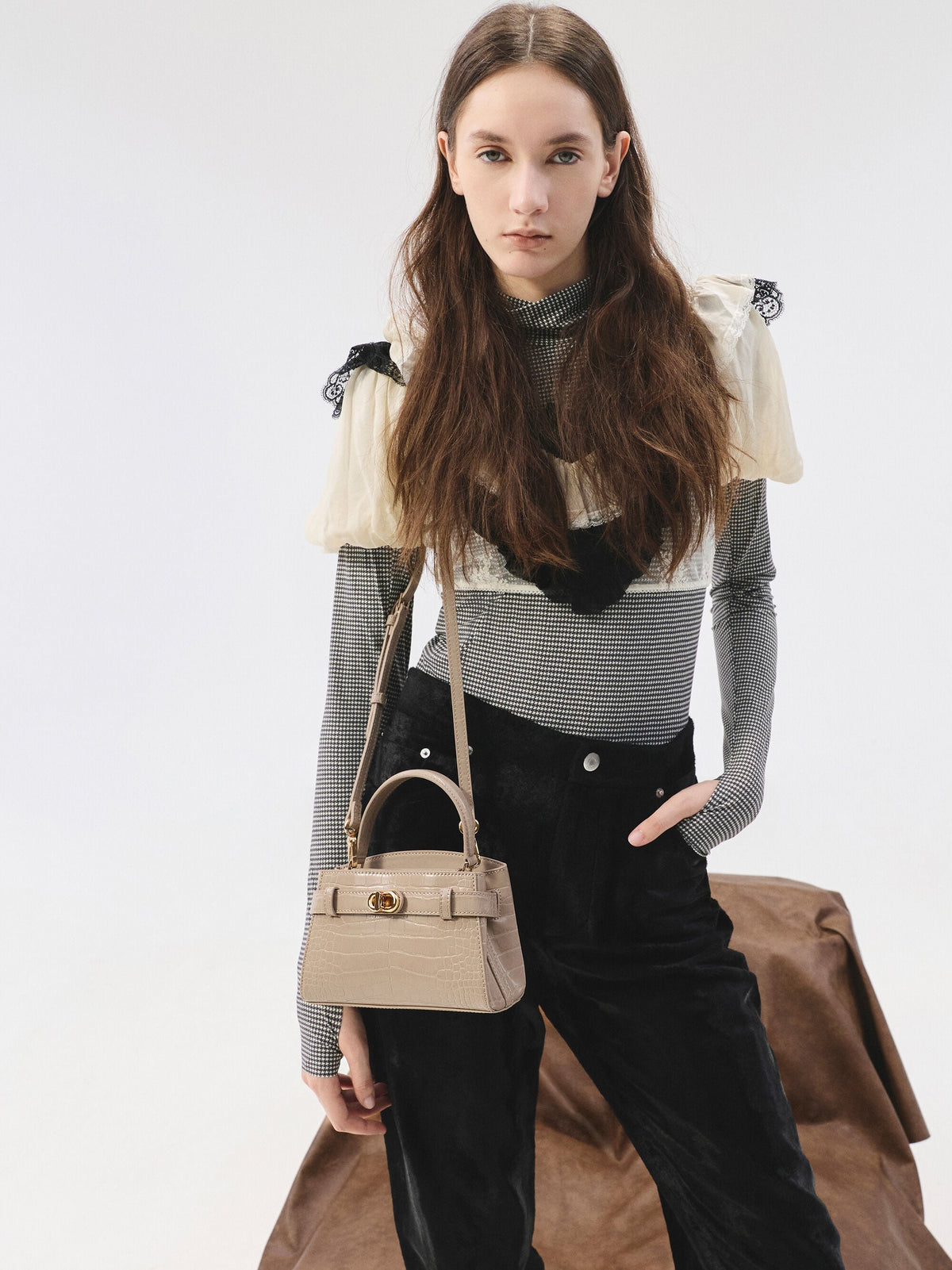 CHARLES & KEITH Sale / Aubrielle Croc-Effect Belted Top Handle Bag - Taupe