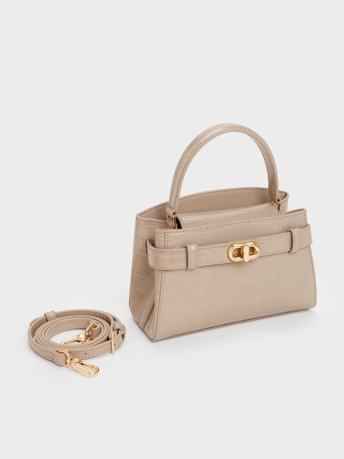 CHARLES & KEITH Sale / Aubrielle Croc-Effect Belted Top Handle Bag - Taupe