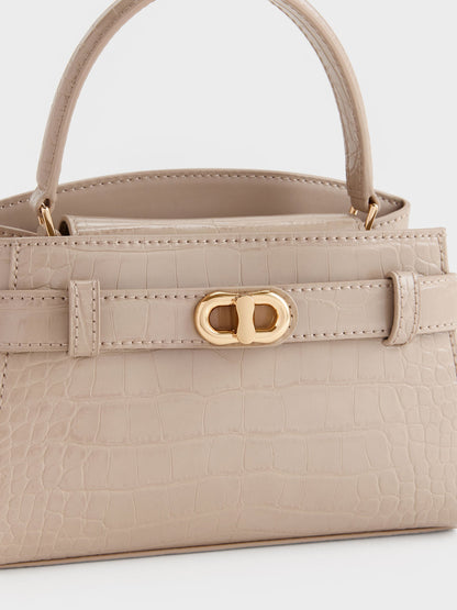 CHARLES & KEITH Sale / Aubrielle Croc-Effect Belted Top Handle Bag - Taupe