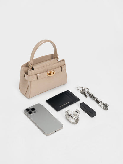 CHARLES & KEITH Sale / Aubrielle Croc-Effect Belted Top Handle Bag - Taupe