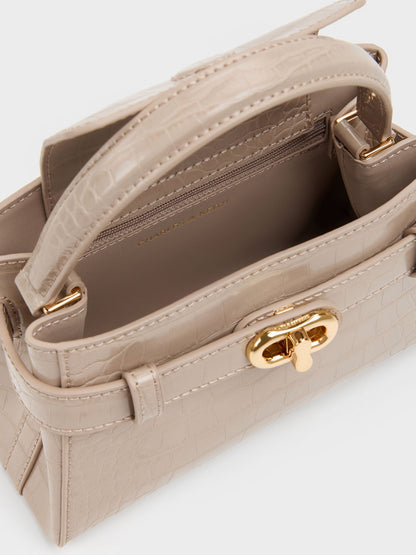 CHARLES & KEITH Sale / Aubrielle Croc-Effect Belted Top Handle Bag - Taupe