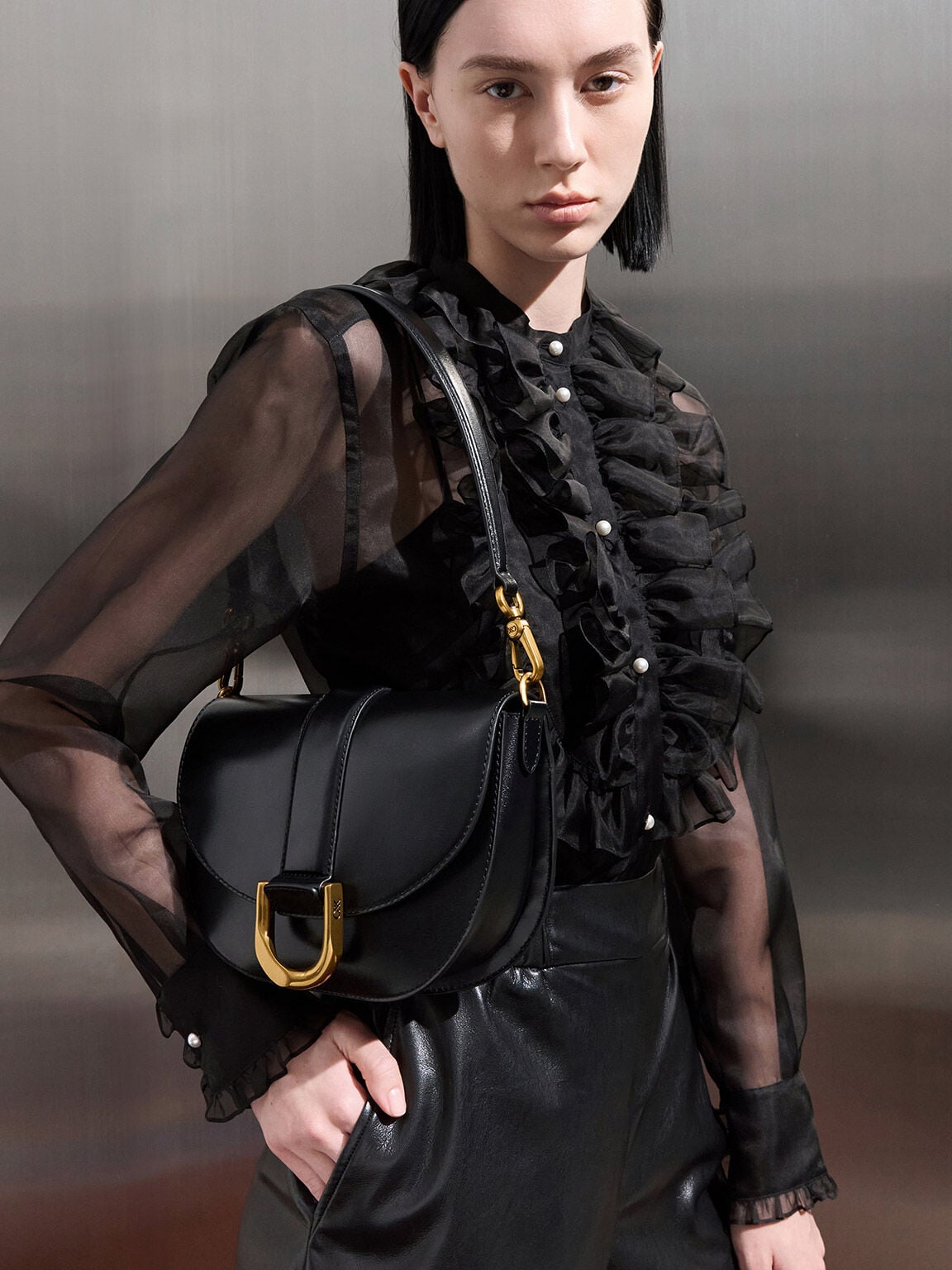 CHARLES & KEITH Sale / Gabine Leather Saddle Bag - Black