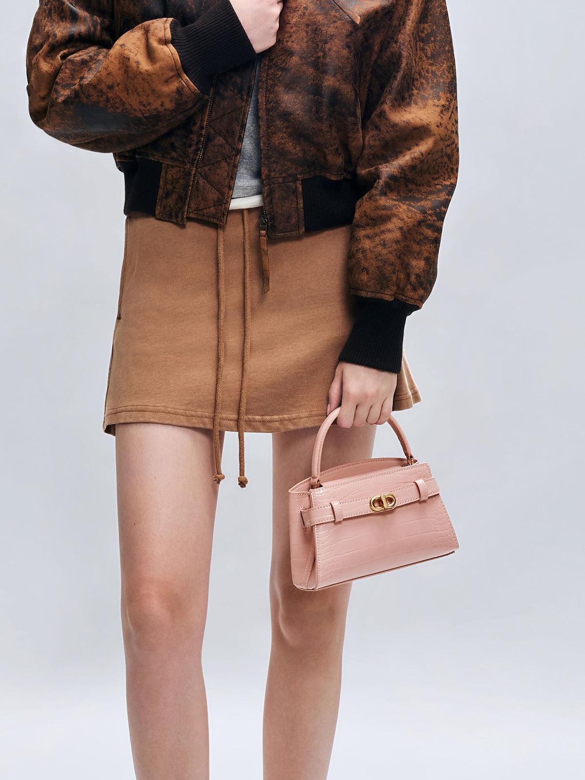 CHARLES & KEITH Best Price / Aubrielle Croc-Effect Belted Top Handle Bag - Light Pink