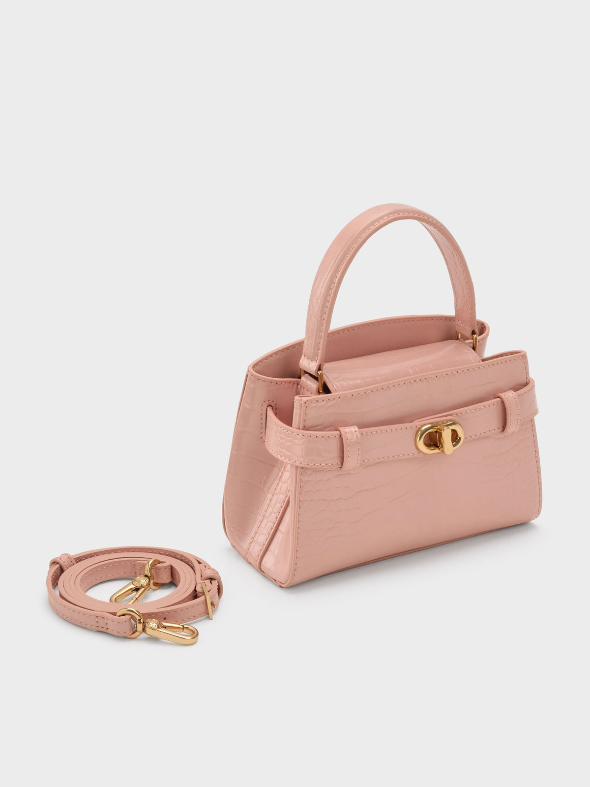 CHARLES & KEITH Best Price / Aubrielle Croc-Effect Belted Top Handle Bag - Light Pink
