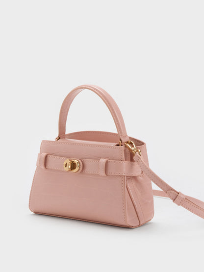 CHARLES & KEITH Best Price / Aubrielle Croc-Effect Belted Top Handle Bag - Light Pink