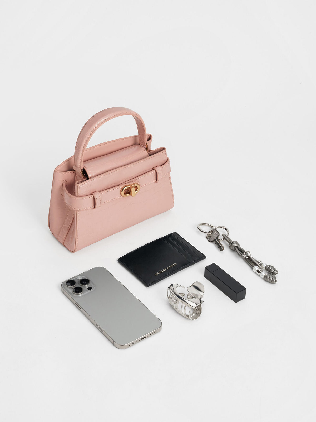 CHARLES & KEITH Best Price / Aubrielle Croc-Effect Belted Top Handle Bag - Light Pink