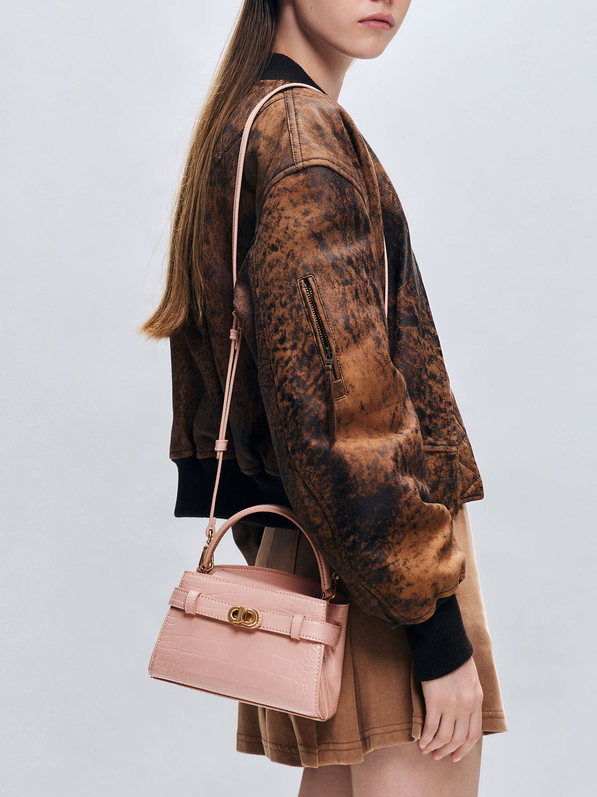 CHARLES & KEITH Best Price / Aubrielle Croc-Effect Belted Top Handle Bag - Light Pink