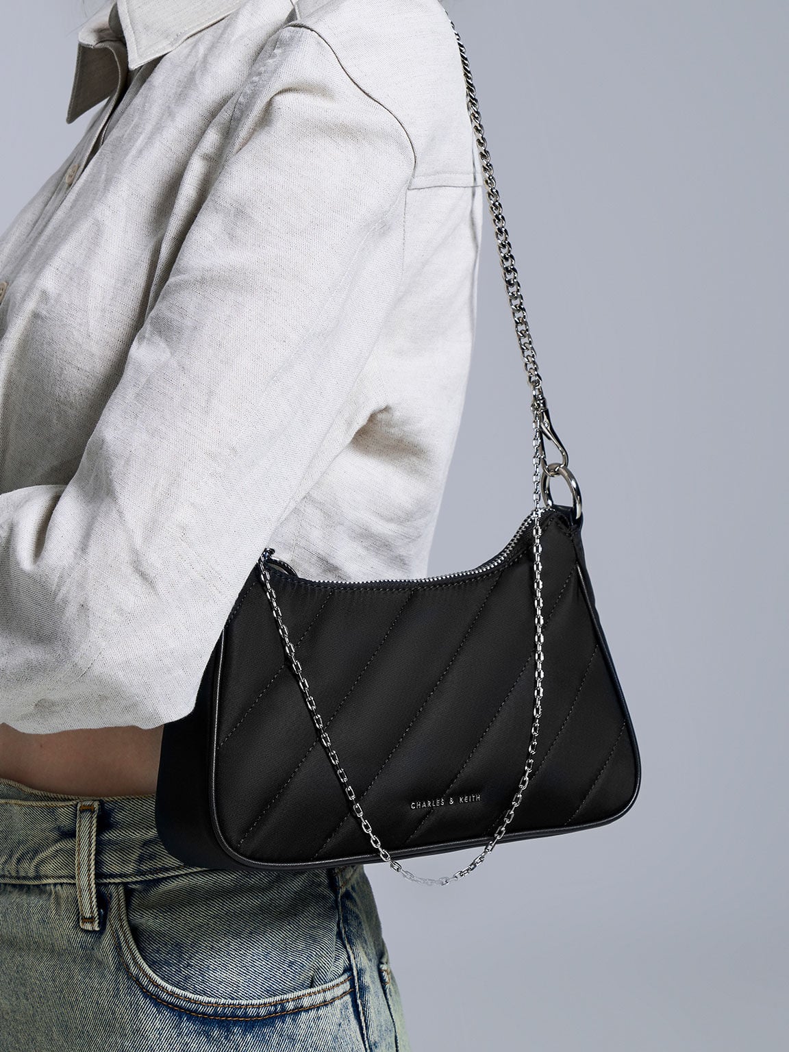 CHARLES & KEITH Sale / Philomena Nylon Puffy Chain-Strap Crossbody Bag - Noir