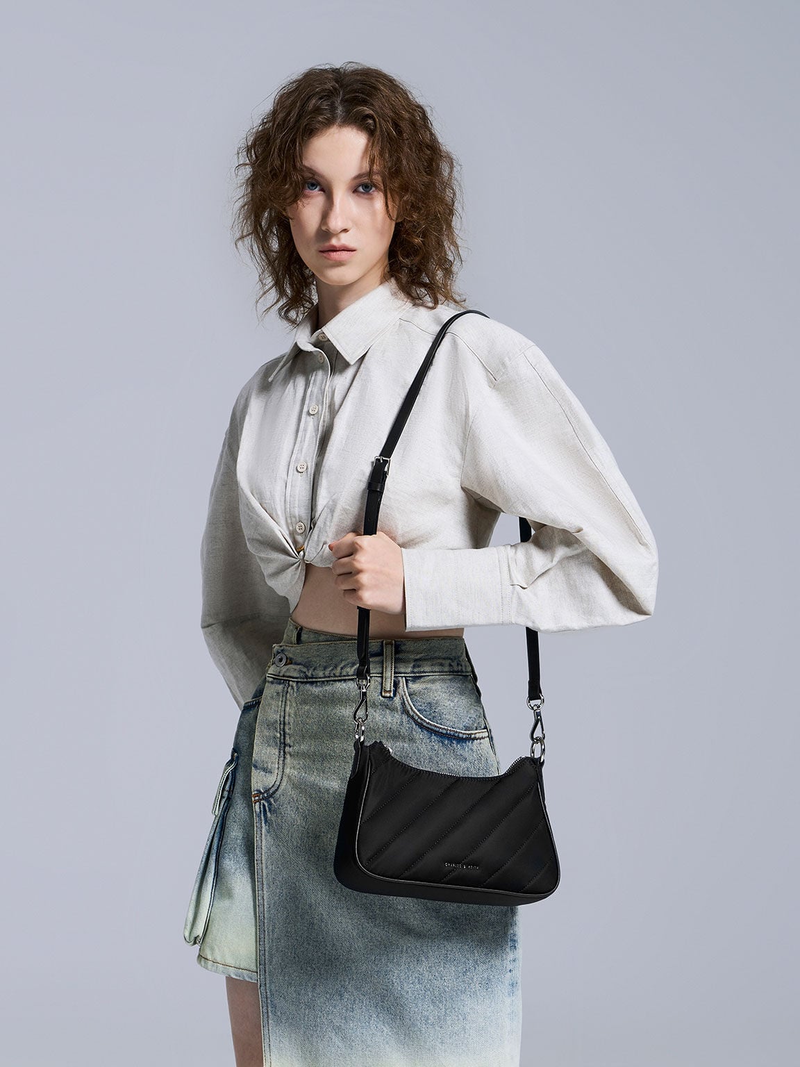 CHARLES & KEITH Sale / Philomena Nylon Puffy Chain-Strap Crossbody Bag - Noir