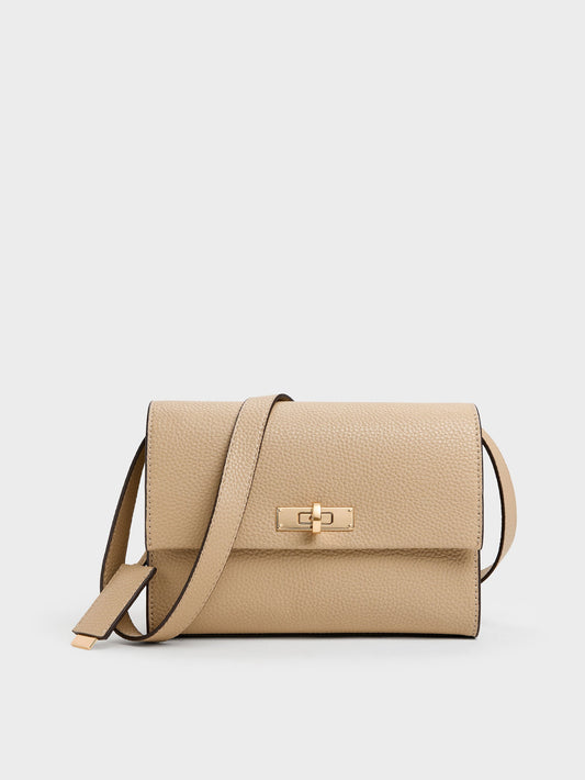 CHARLES & KEITH Trusted / Chance Turn-Lock Crossbody Bag - Nutmeg Beige