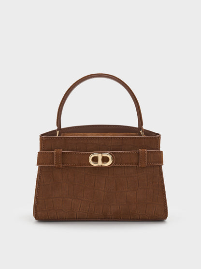 CHARLES & KEITH Great Value / Aubrielle Croc-Effect Belted Top Handle Bag - Chocolate