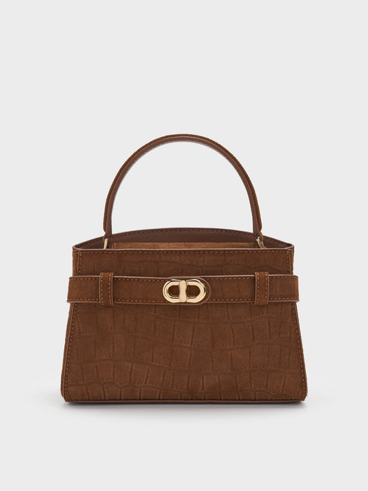 CHARLES & KEITH Great Value / Aubrielle Croc-Effect Belted Top Handle Bag - Chocolate