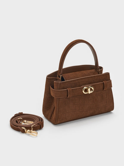 CHARLES & KEITH Great Value / Aubrielle Croc-Effect Belted Top Handle Bag - Chocolate