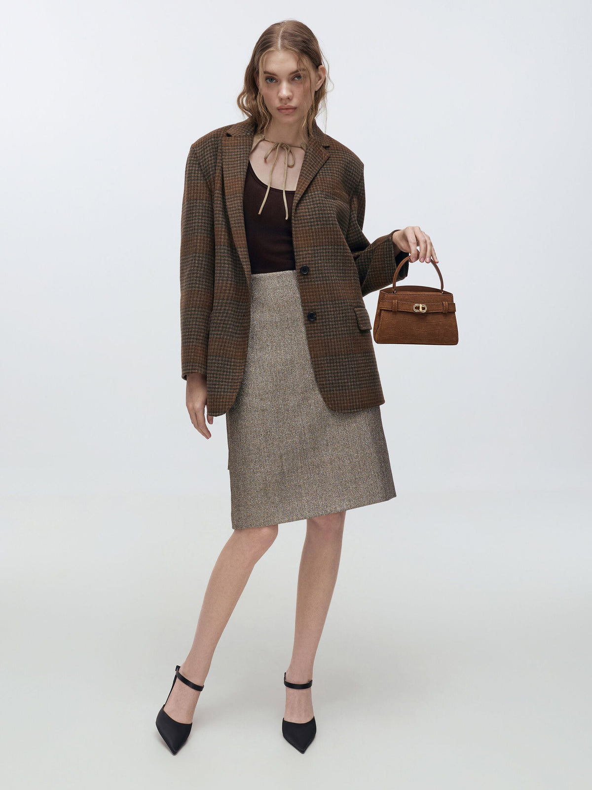 CHARLES & KEITH Great Value / Aubrielle Croc-Effect Belted Top Handle Bag - Chocolate