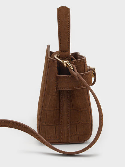 CHARLES & KEITH Great Value / Aubrielle Croc-Effect Belted Top Handle Bag - Chocolate