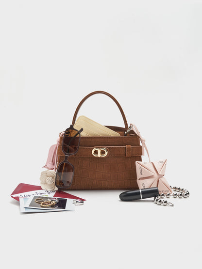 CHARLES & KEITH Great Value / Aubrielle Croc-Effect Belted Top Handle Bag - Chocolate