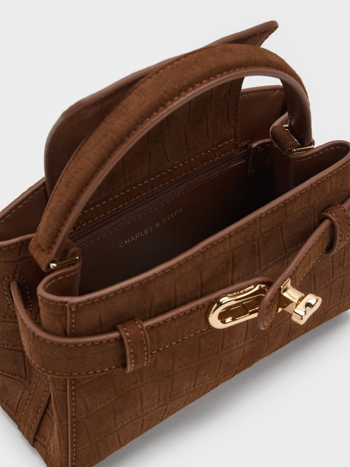 CHARLES & KEITH Great Value / Aubrielle Croc-Effect Belted Top Handle Bag - Chocolate