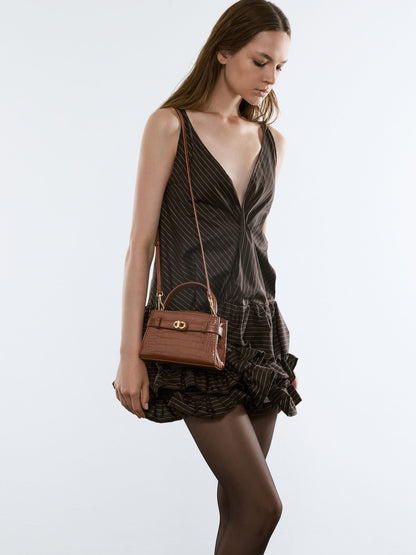 CHARLES & KEITH Trending / Aubrielle Croc-Effect Belted Top Handle Bag - Chocolate Croco