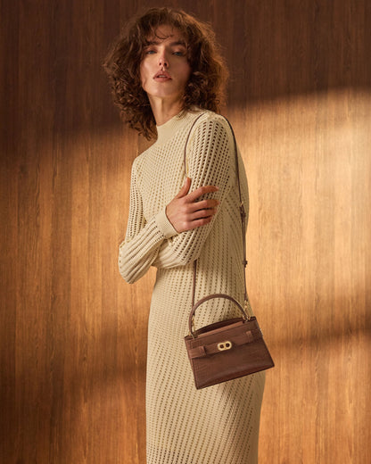 CHARLES & KEITH Trending / Aubrielle Croc-Effect Belted Top Handle Bag - Chocolate Croco