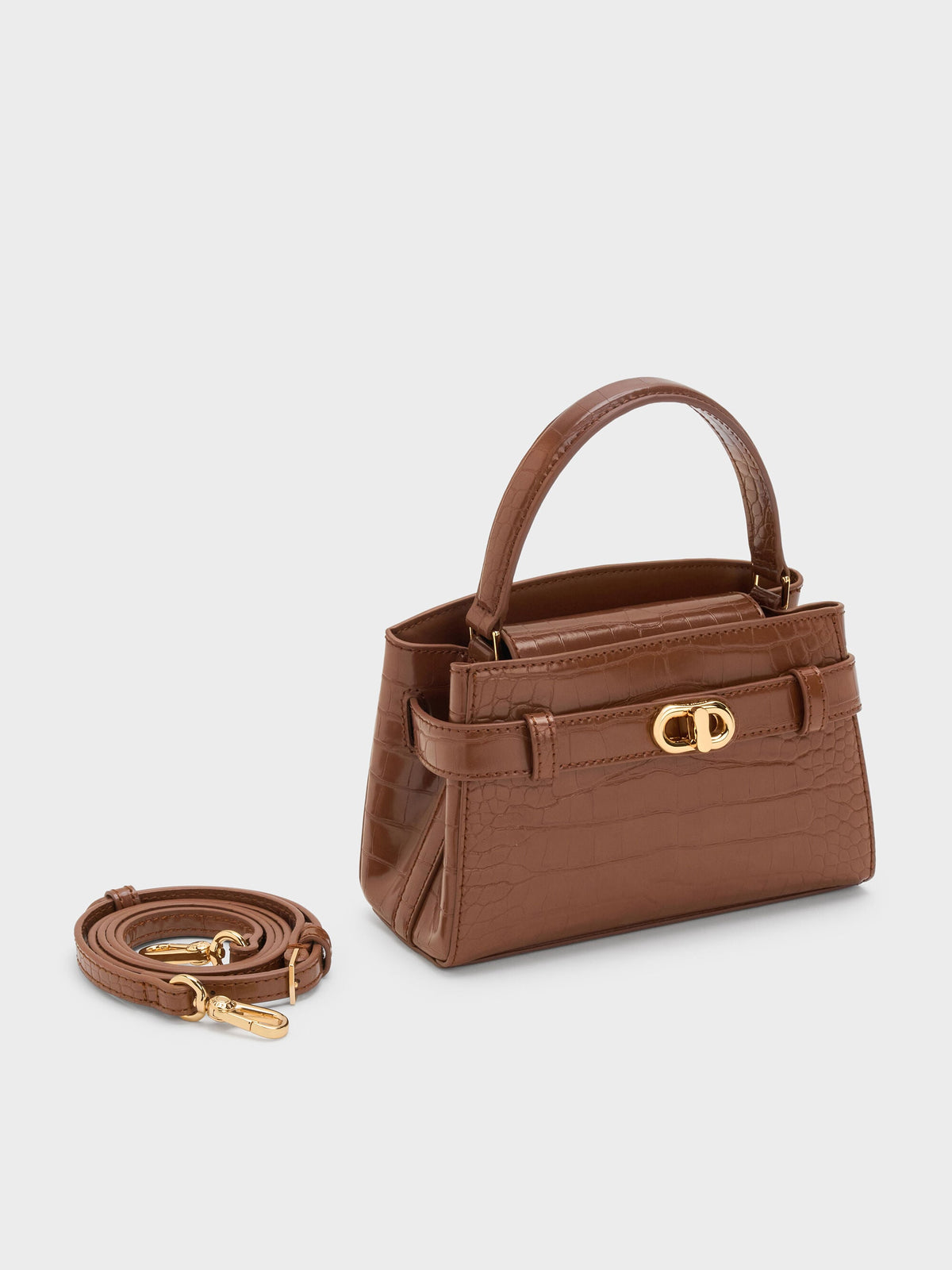 CHARLES & KEITH Trending / Aubrielle Croc-Effect Belted Top Handle Bag - Chocolate Croco