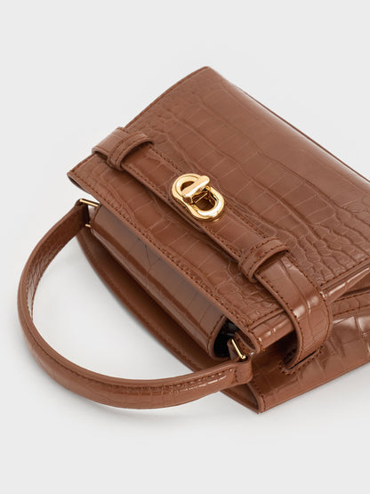 CHARLES & KEITH Trending / Aubrielle Croc-Effect Belted Top Handle Bag - Chocolate Croco
