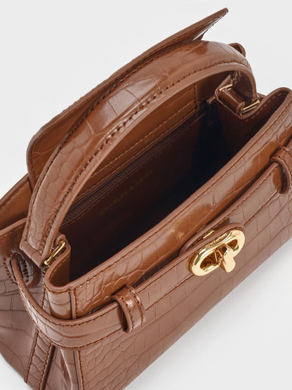 CHARLES & KEITH Trending / Aubrielle Croc-Effect Belted Top Handle Bag - Chocolate Croco