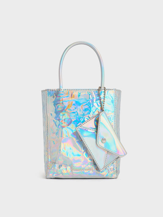 CHARLES & KEITH Latest / Matina Holographic Crinkle-Effect Tote Bag - Prism Silver