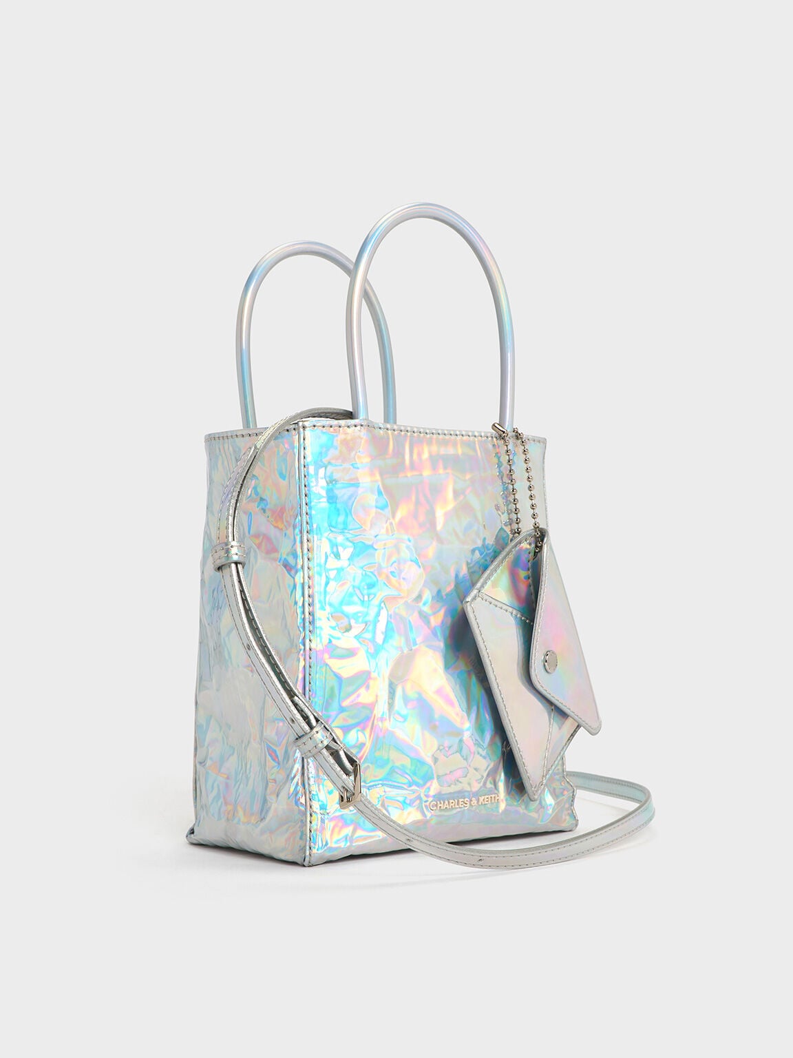 CHARLES & KEITH Latest / Matina Holographic Crinkle-Effect Tote Bag - Prism Silver