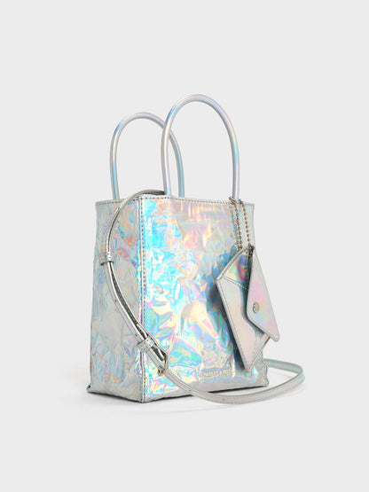 CHARLES & KEITH Latest / Matina Holographic Crinkle-Effect Tote Bag - Prism Silver