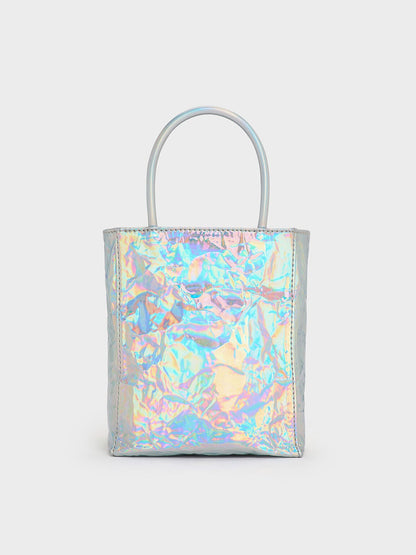 CHARLES & KEITH Latest / Matina Holographic Crinkle-Effect Tote Bag - Prism Silver