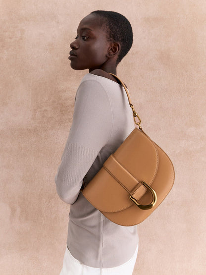CHARLES & KEITH Latest / Gabine Leather Saddle Bag - Toffee