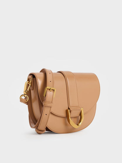 CHARLES & KEITH Latest / Gabine Leather Saddle Bag - Toffee