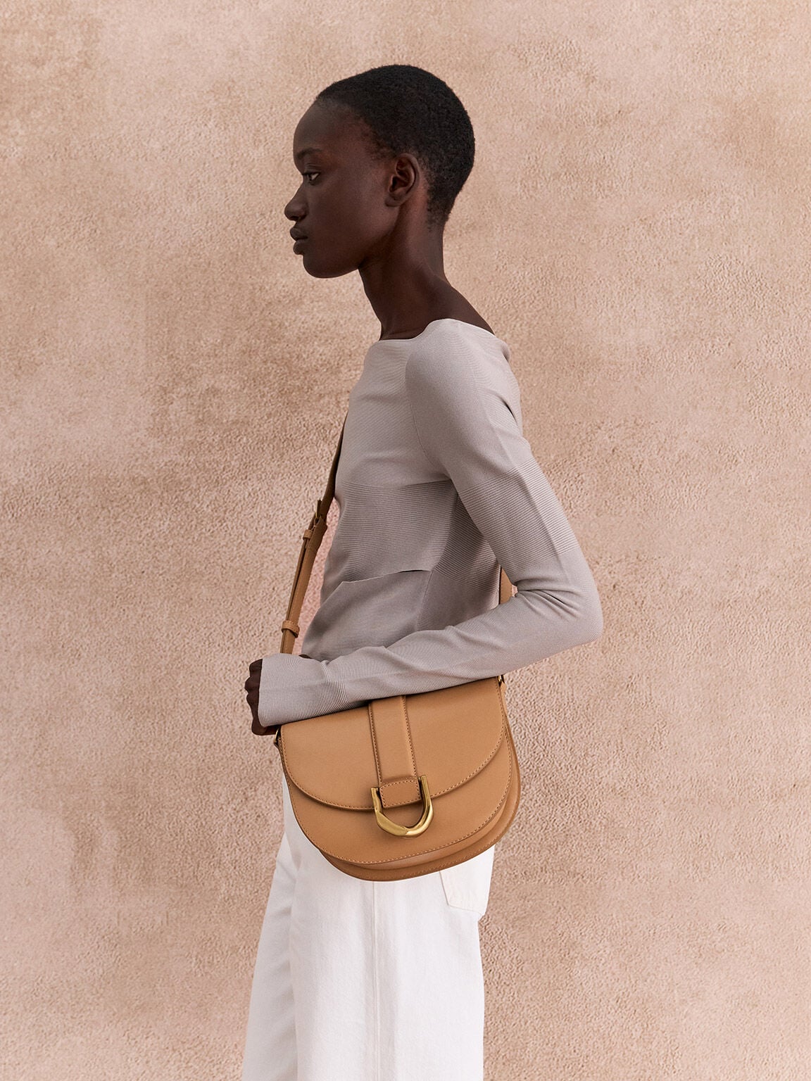 CHARLES & KEITH Latest / Gabine Leather Saddle Bag - Toffee