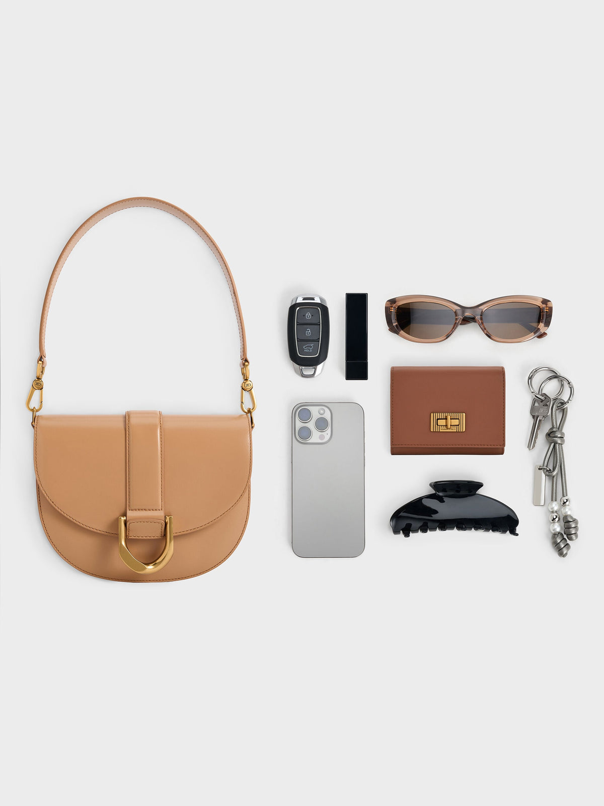 CHARLES & KEITH Latest / Gabine Leather Saddle Bag - Toffee