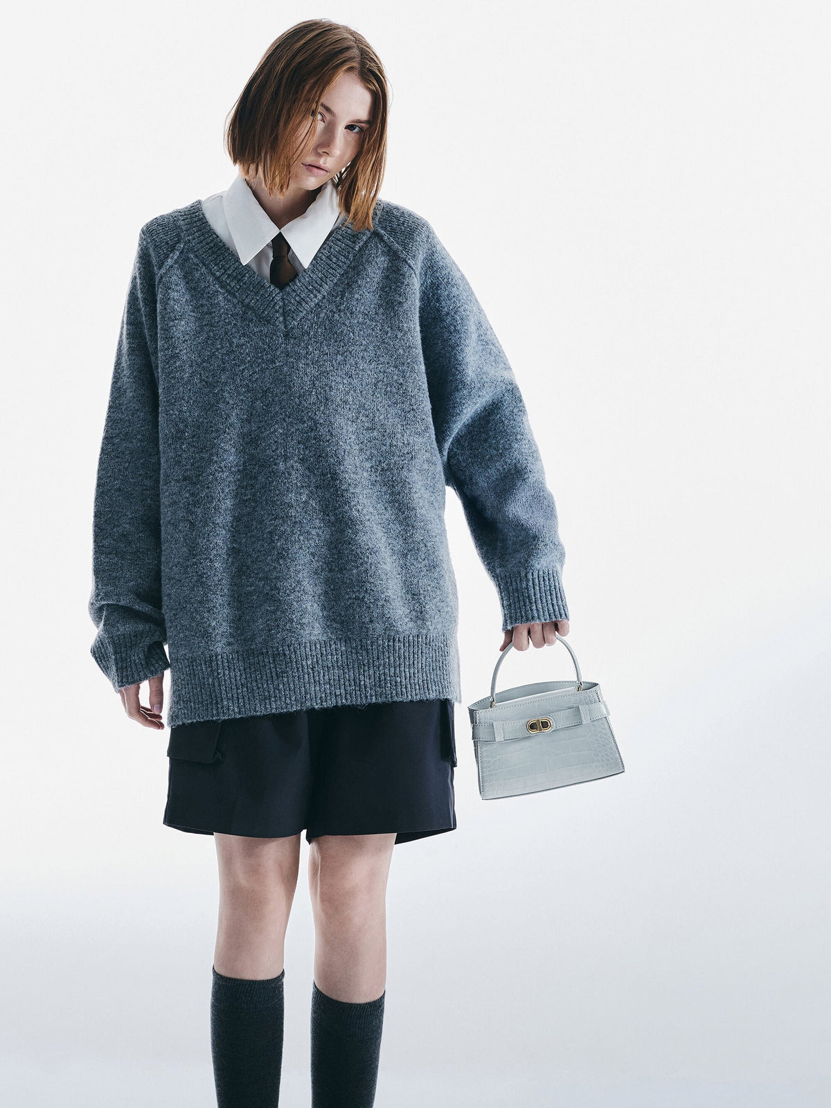 CHARLES & KEITH Essential / Aubrielle Croc-Effect Belted Top Handle Bag - Sea Salt Blue