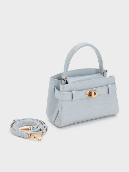 CHARLES & KEITH Essential / Aubrielle Croc-Effect Belted Top Handle Bag - Sea Salt Blue