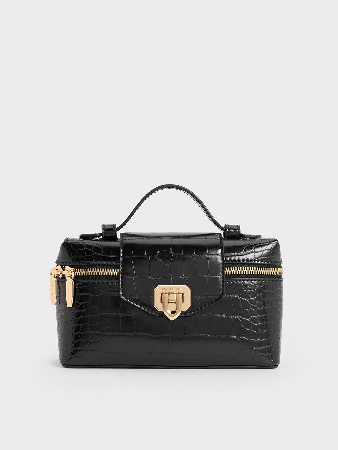 CHARLES & KEITH Classic / Arwen Croc-Effect Top Handle Vanity Bag - Black