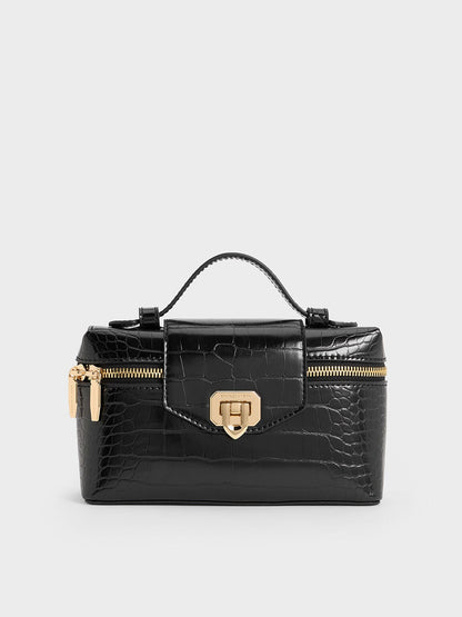CHARLES & KEITH Classic / Arwen Croc-Effect Top Handle Vanity Bag - Black