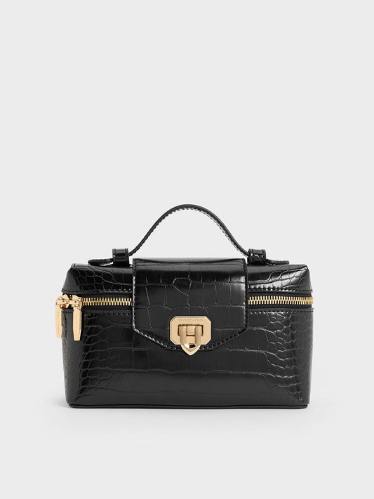 CHARLES & KEITH Classic / Arwen Croc-Effect Top Handle Vanity Bag - Black