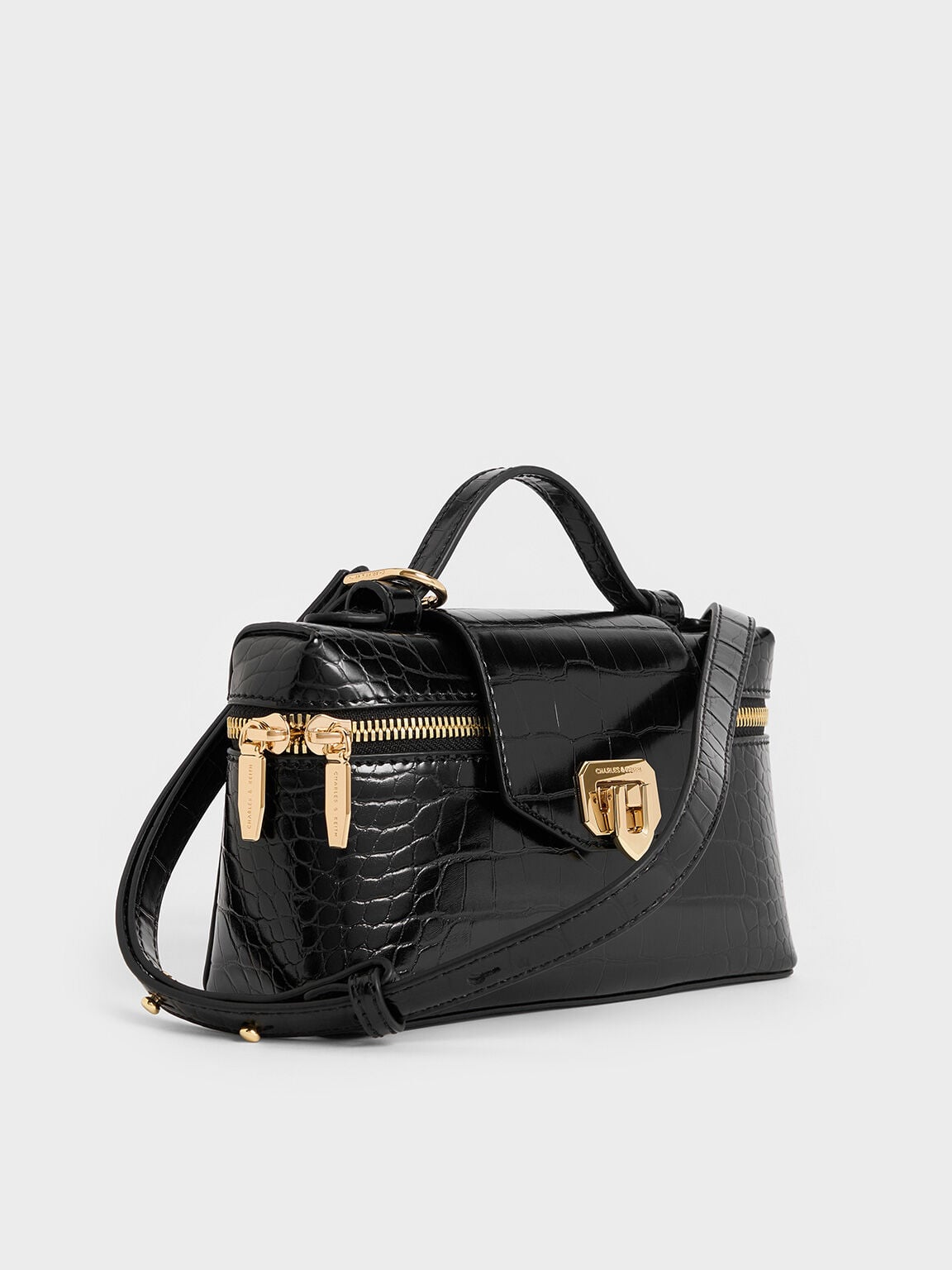 CHARLES & KEITH Classic / Arwen Croc-Effect Top Handle Vanity Bag - Black
