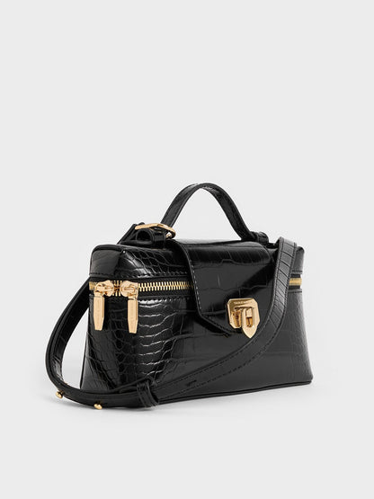 CHARLES & KEITH Classic / Arwen Croc-Effect Top Handle Vanity Bag - Black