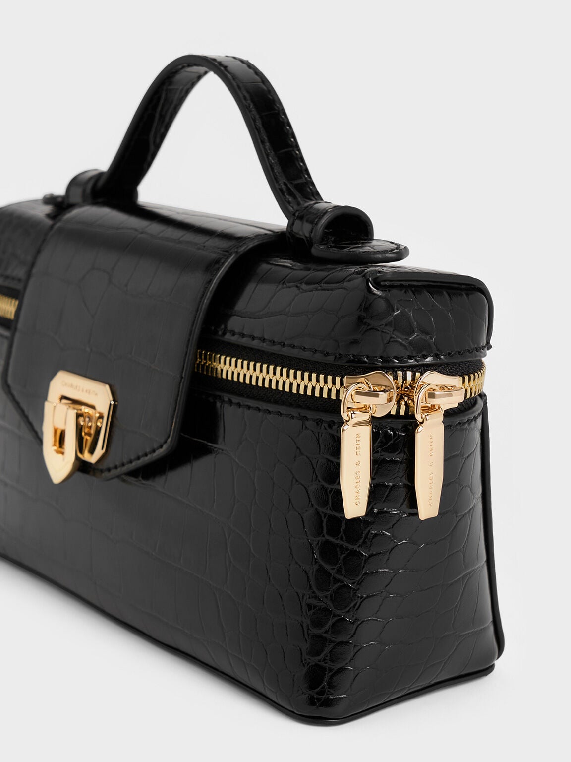 CHARLES & KEITH Classic / Arwen Croc-Effect Top Handle Vanity Bag - Black